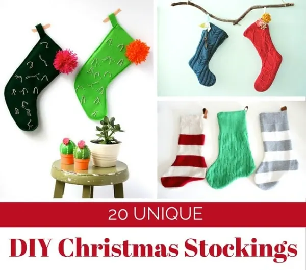Collage of 20 unique DIY Christmas stockings, including cactus-themed stockings, upcycled sweater stockings, plaid flannel st