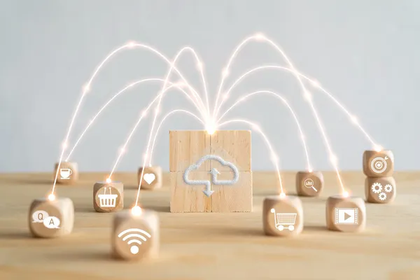 Photo virtual cloud computing are printed screen on wooden cubes block and connect line with others social media and online s