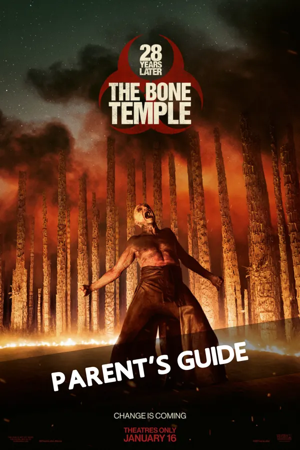 28 Years Later The Bone Temple Parents Guide movie poster featuring a screaming infected figure standing before burning pillars under a red biohazard symbol.