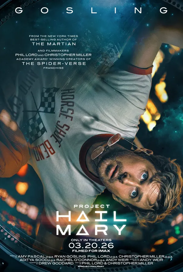 Ryan Gosling floating upside down in the official Project Hail Mary 2026 movie poster filmed for IMAX