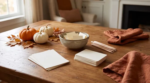 Thanksgiving game supplies on a wooden table with blank cards, pencils, a bowl of notes and small pumpkins.