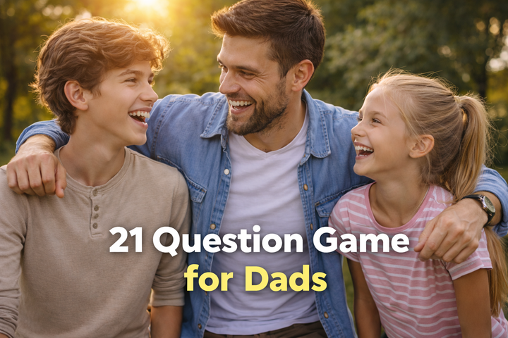 Dad laughing with his kids while playing the 21 questions game together