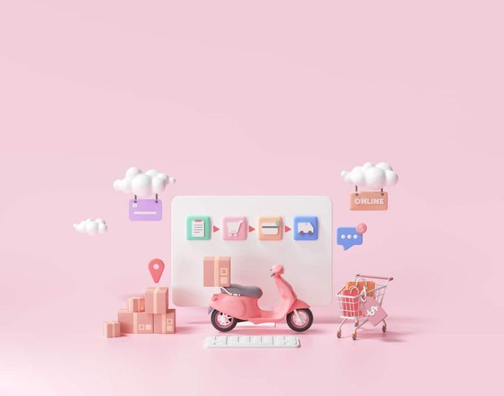 3d fast delivery service, packaging deliver by scooter concept, online shopping.