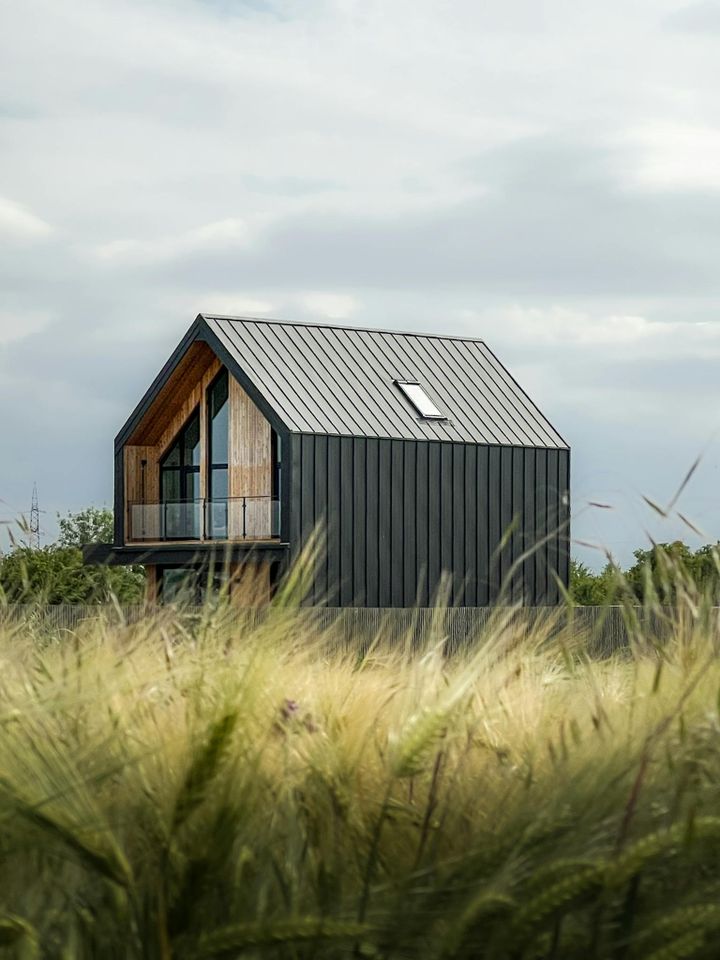 Contemporary house with dark exterior in a grassy field under cloudy skies.