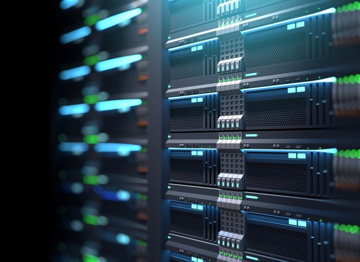 Super computer server racks in datacenter.