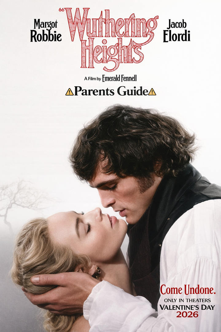 Wuthering Heights (2026) movie poster featuring Jacob Elordi and Margot Robbie in an intense romantic embrace, highlighting the film’s dark and obsessive tone for parents.