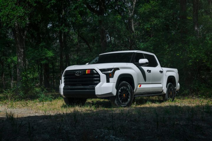 Close-up of TRD Rally wheels and all-terrain tires on the 2026 Toyota Tundra