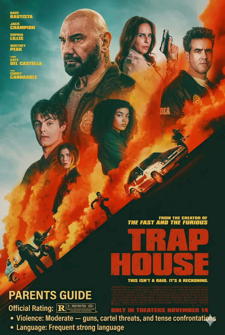 Trap House parents guide movie poster featuring Dave Bautista with cartel crime scenes and rating details for violence and language