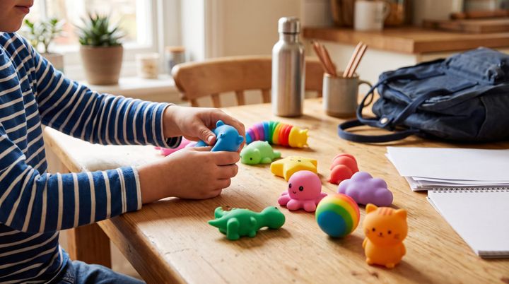 Child playing with colorful squishy sensory toys at a kitchen table
