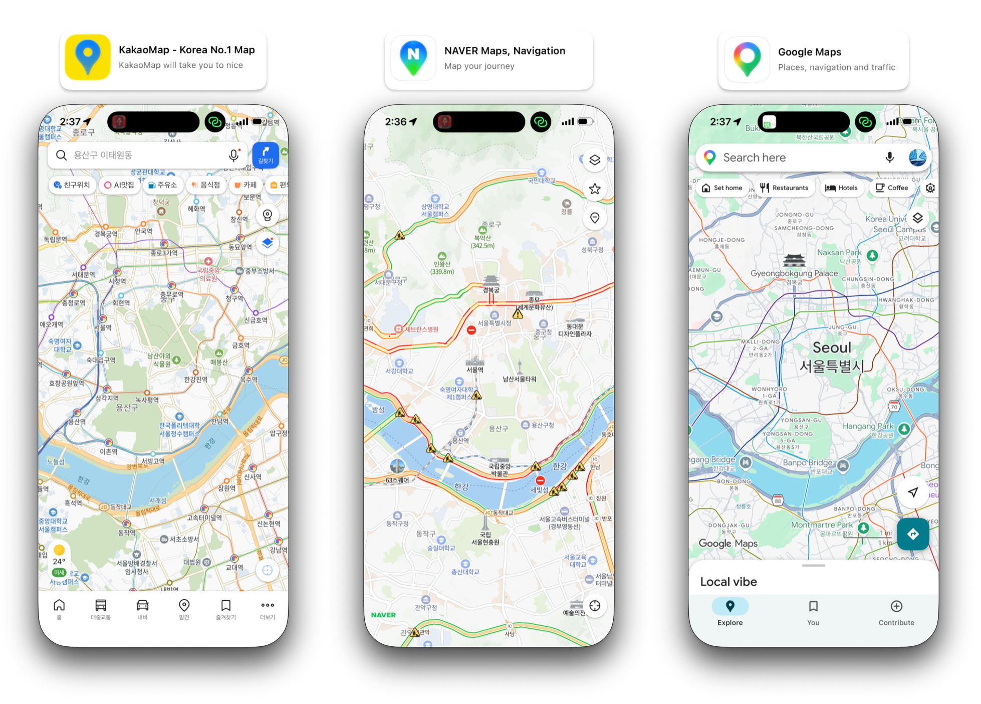 Naver Map vs Kakao Map vs Google Maps comparison in Seoul Korea