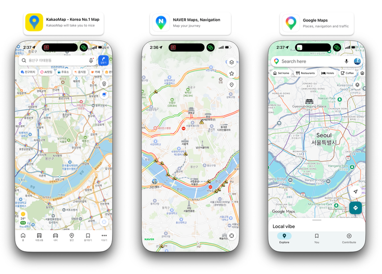 Naver Map vs Kakao Map vs Google Maps comparison in Seoul Korea