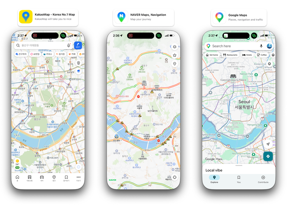 Naver Map vs Kakao Map vs Google Maps comparison in Seoul Korea
