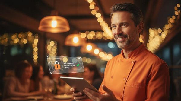 Dono de restaurante sorridente com tablet. Projeção holográfica de cadeado e "SISTEMA DE PERMISSÕES ATIVO", simbolizando a segurança de caixa do Pigz.