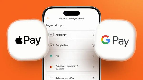 Tela de aplicativo mostrando Apple Pay e Google Pay como formas de pagamento, com seus logos em destaque