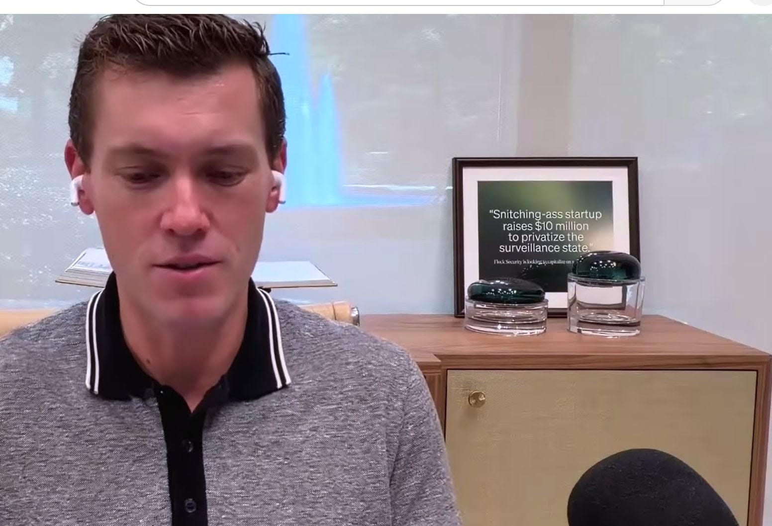 Forgive me if I don't buy Flock CEO Garrett Langley's pivot to privacy. The picture in his office behind him reads "Snitching-ass startup raises $10 million to privatize the surveillance state."