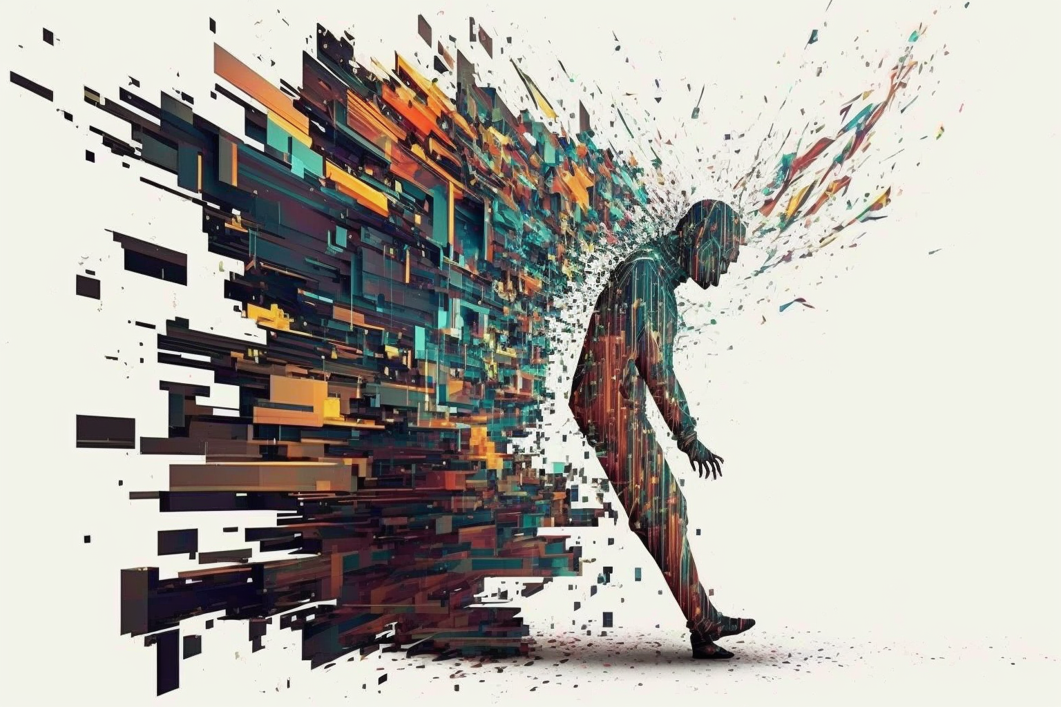 Midjourney-generated art of person covered in glitches exploding with blocky elements behind them