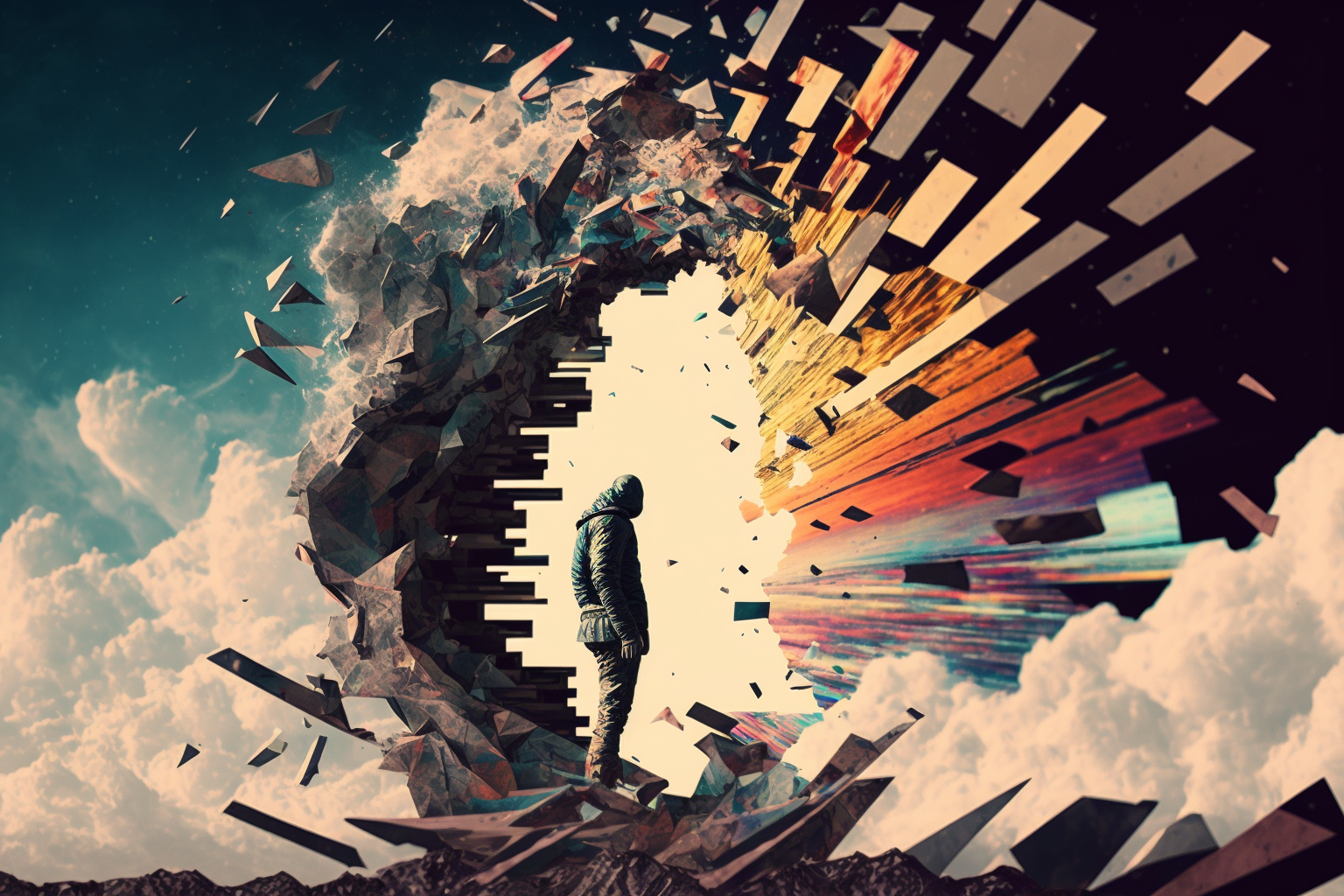 Midjourney-generated image of man standing amidst chaotic explosion of digital glitch art elements and clouds with rainbow motifs