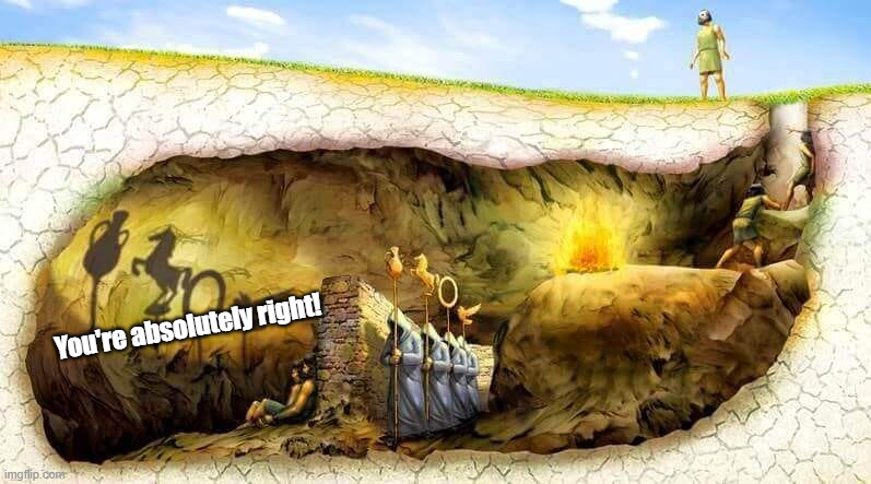 Meme image of Plato's cave with shadows being cast on the wall with people watching, superimposed text saying: "You're absolutely right!"