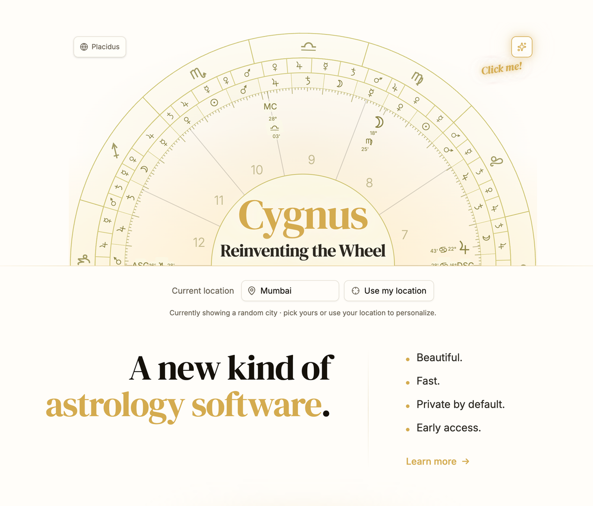 Screenshot of the Cygnus landing page, featuring an astrological wheel with "Cygnus: Reinventing the Wheel"