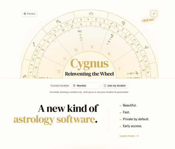 Screenshot of the Cygnus landing page, featuring an astrological wheel with "Cygnus: Reinventing the Wheel"