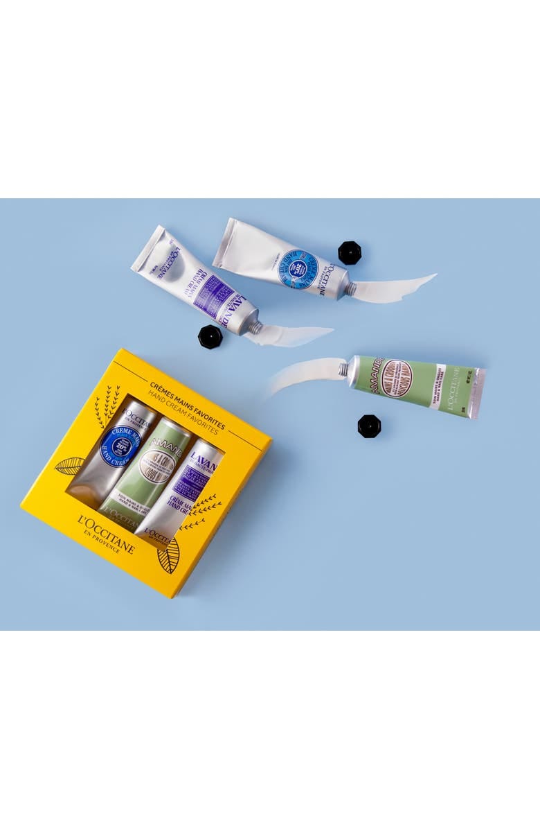 L’Occitane yellow hand cream gift box with three travel-size tubes