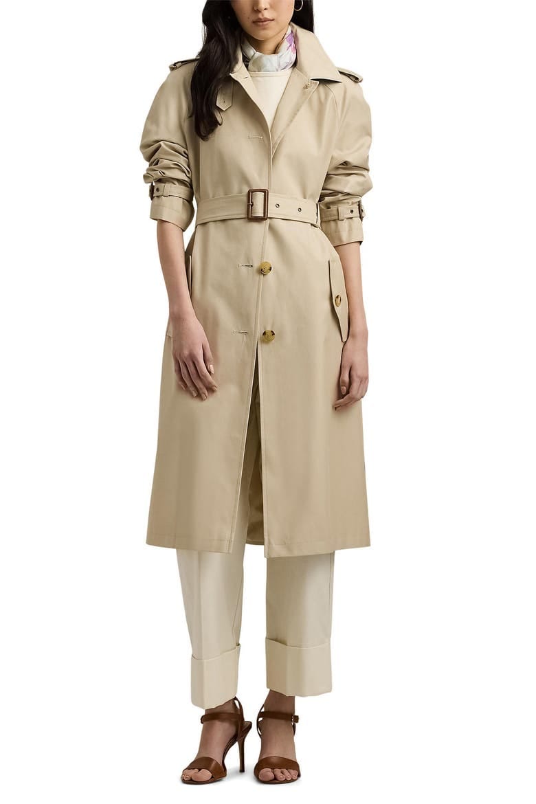 Lauren Ralph Lauren belted single-breasted trench coat shown on a model.