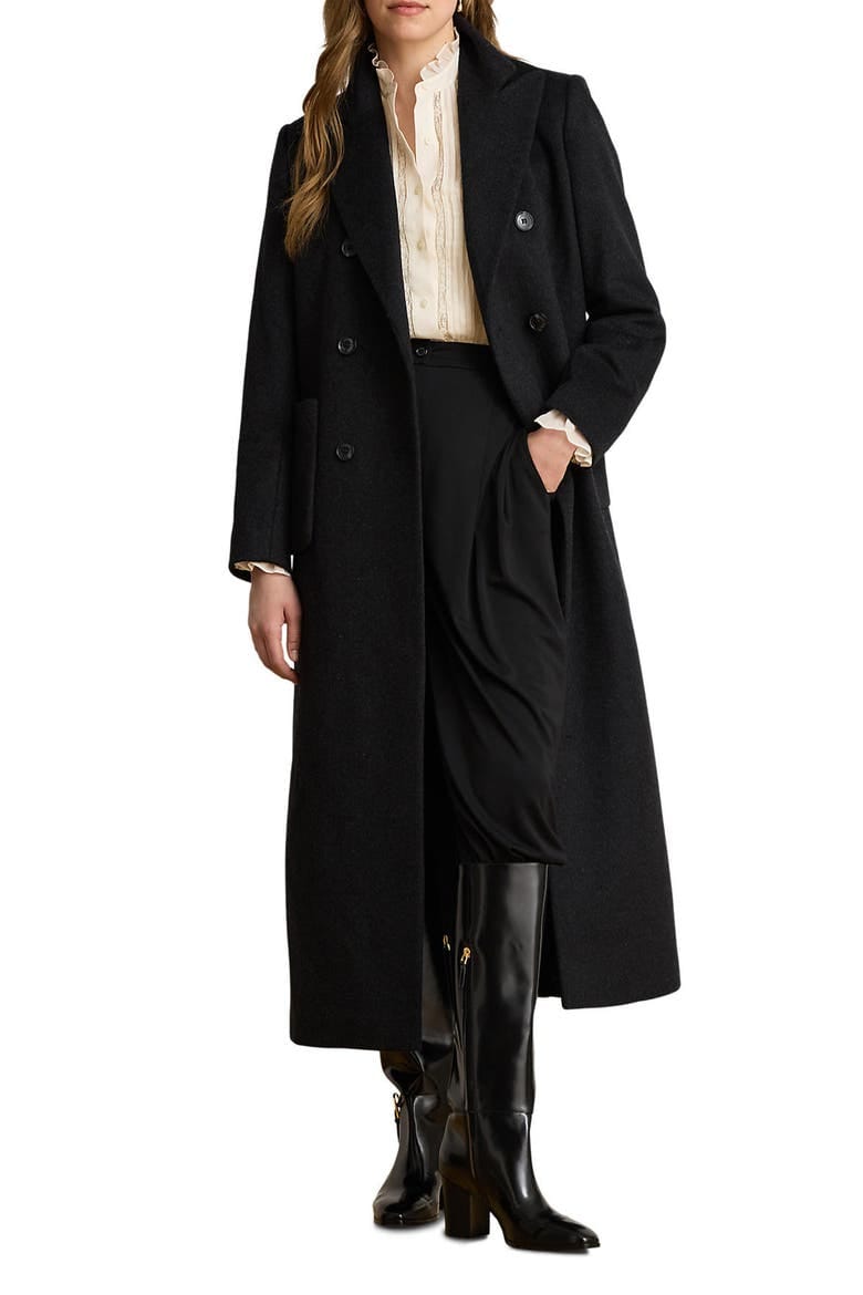 Lauren Ralph Lauren double-breasted longline wool-blend coat shown on a model.