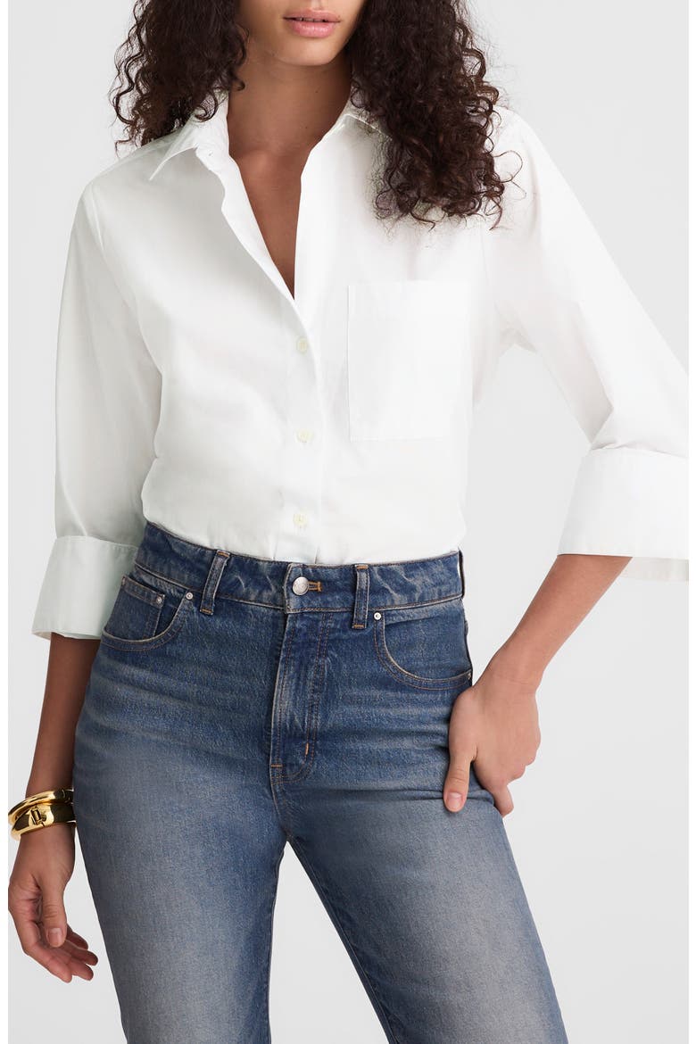White Madewell poplin button-up shirt shown on a model.