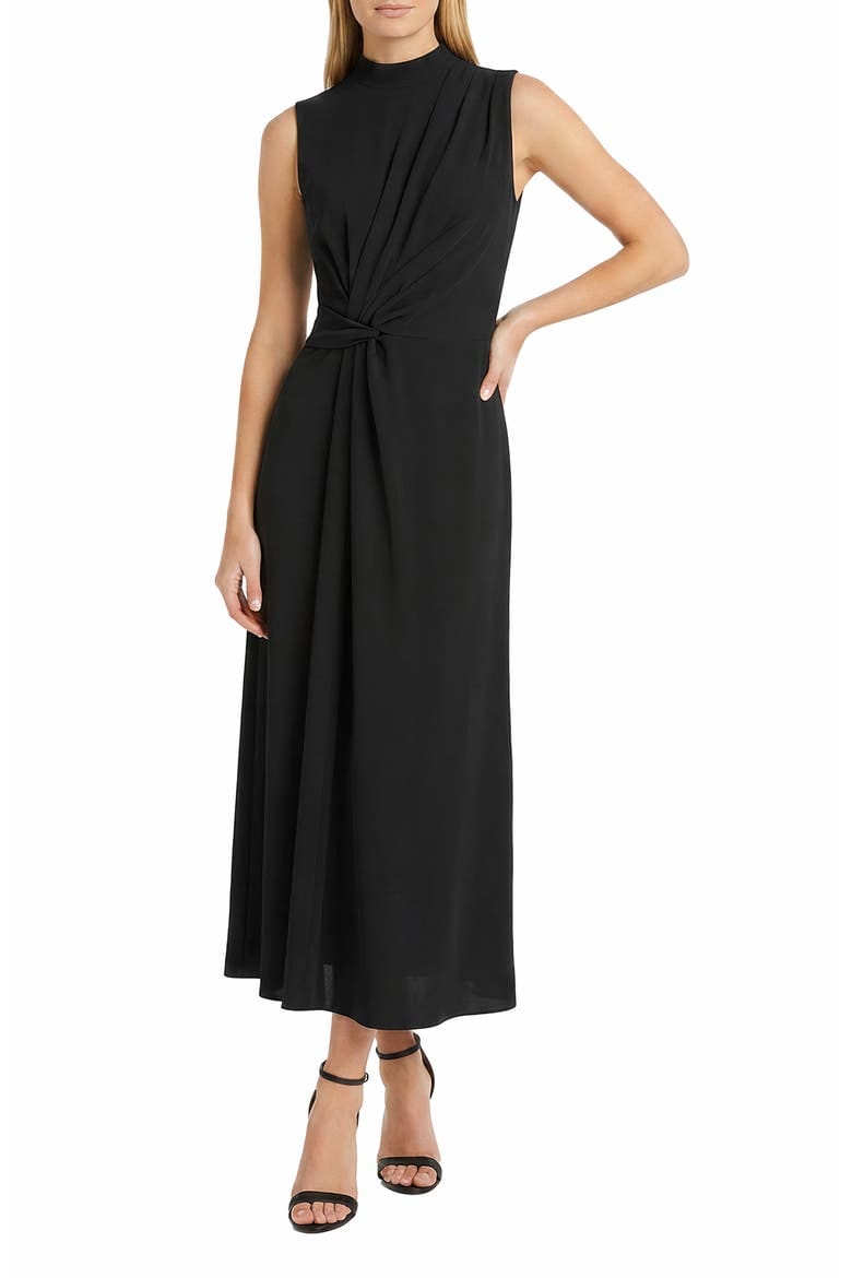 Black Maggy London pleated sleeveless A-line dress shown on a model.