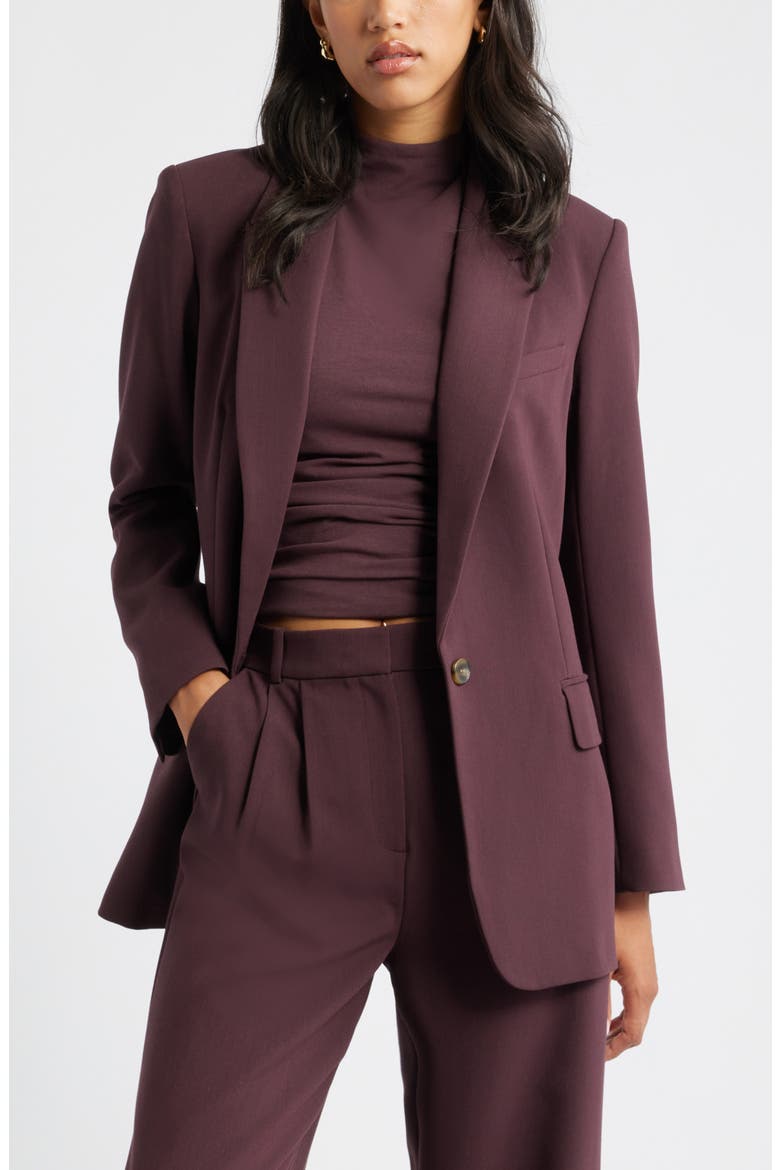 Burgundy Open Edit relaxed blazer styled as a tailored suit