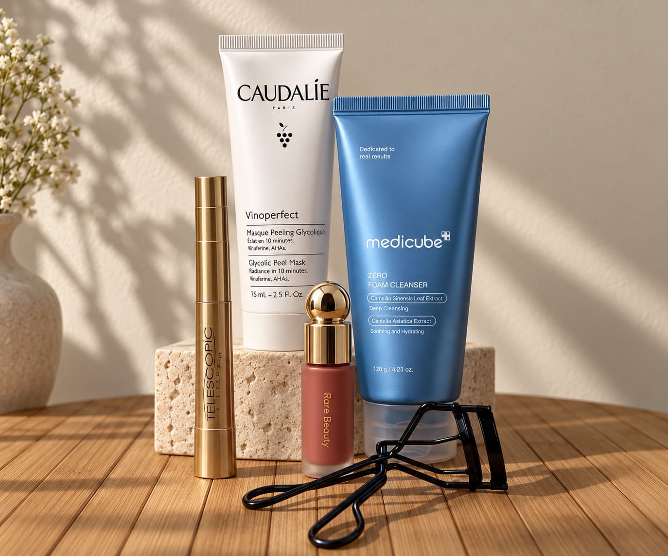 A selection of THE CET-recommended beauty products arranged in warm natural light.