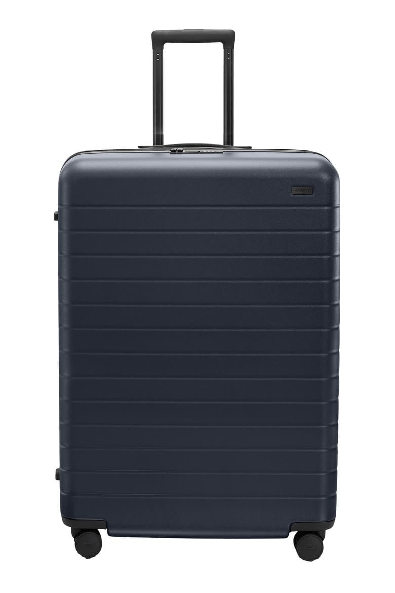 Navy Away Large Flex hard-shell suitcase shown upright