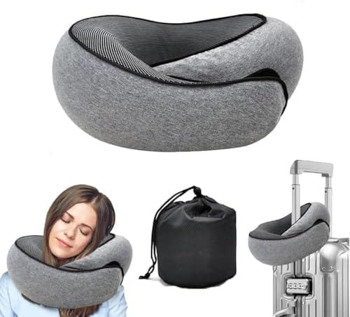 Grey WEERSHUN memory foam travel pillow with carrying pouch and travel views