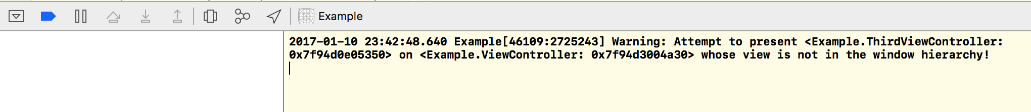 Screenshot showing modal transition error message where one navigation transition has been cancelled due to crashing with a different modal transition