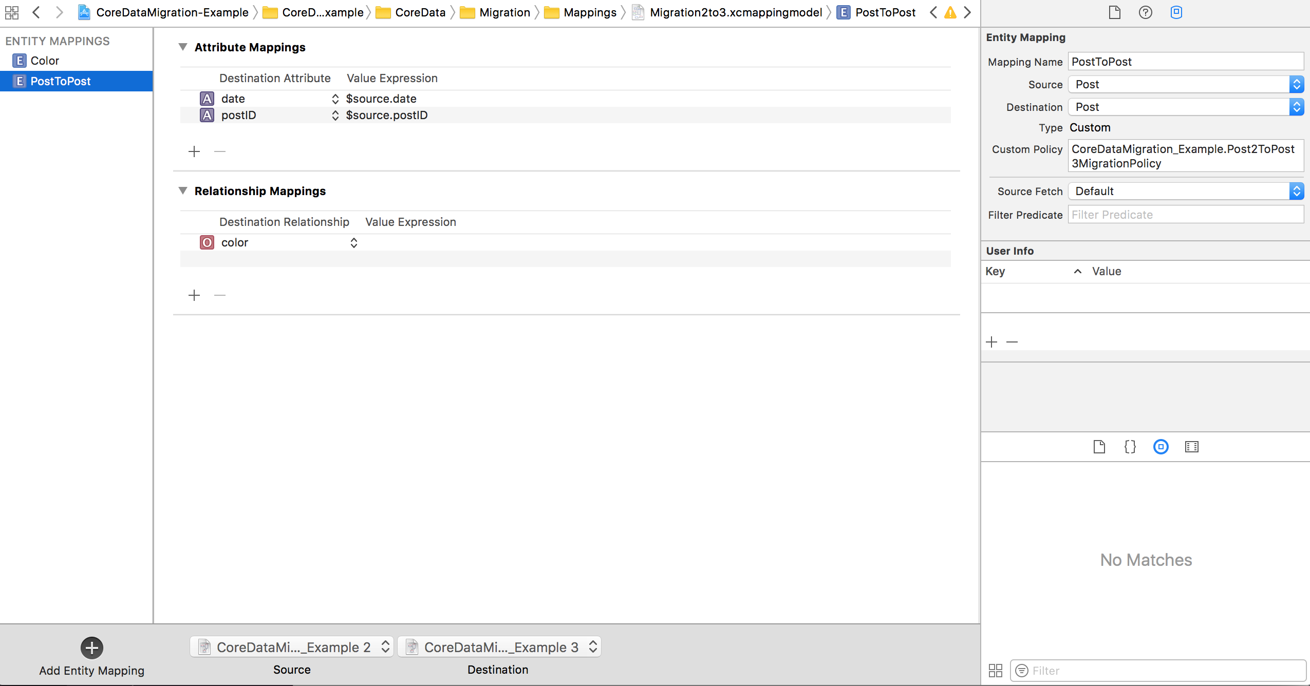 Screenshot showing mapping interface using a NSEntityMigrationPolicy subclass