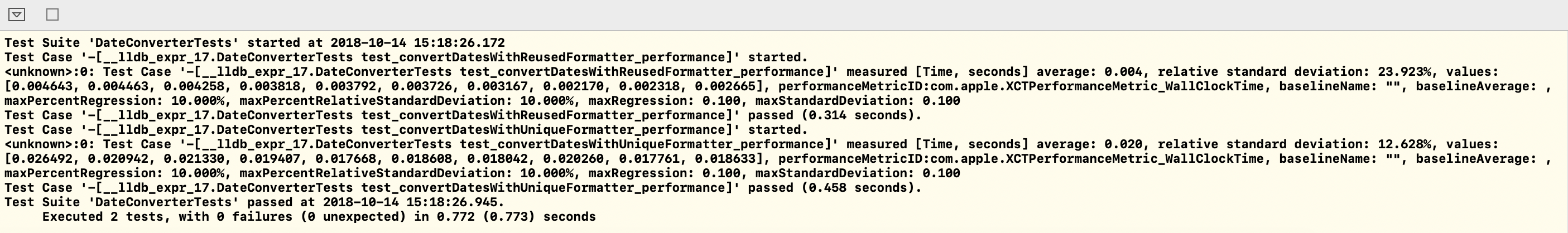 Screenshot showing performance execution results with the unique  approach taking on average 0.02 seconds vs 0.004 seconds for the shared  approach
