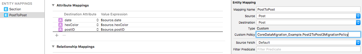 Screenshot showing Custom Policy set 'CoreDataMigration_Example.Post2ToPost3MigrationPolicy'