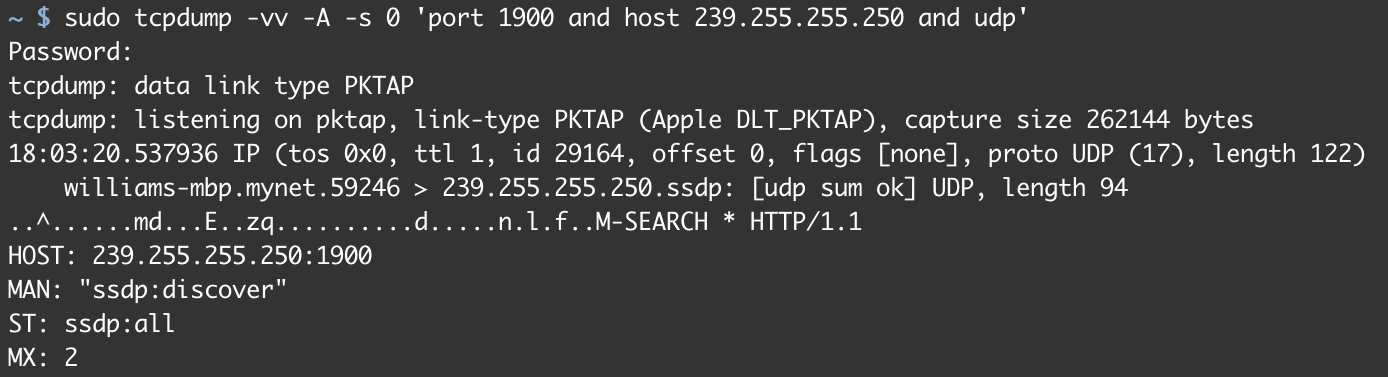 Screenshot of tcpdump running