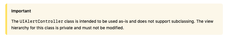 Screenshot of UIAlertController documentation showing the warning