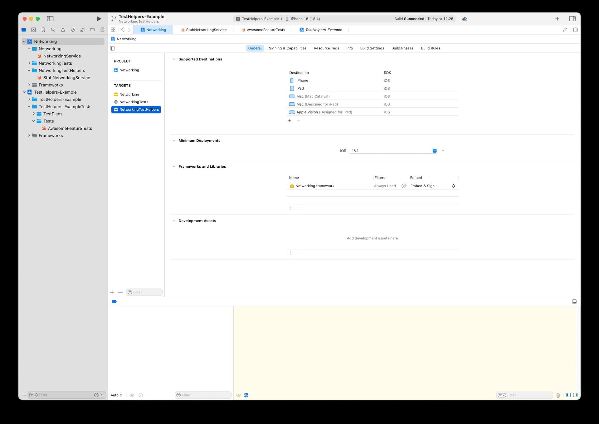Screenshot of adding the production target as a dependency of the TestHelper target
