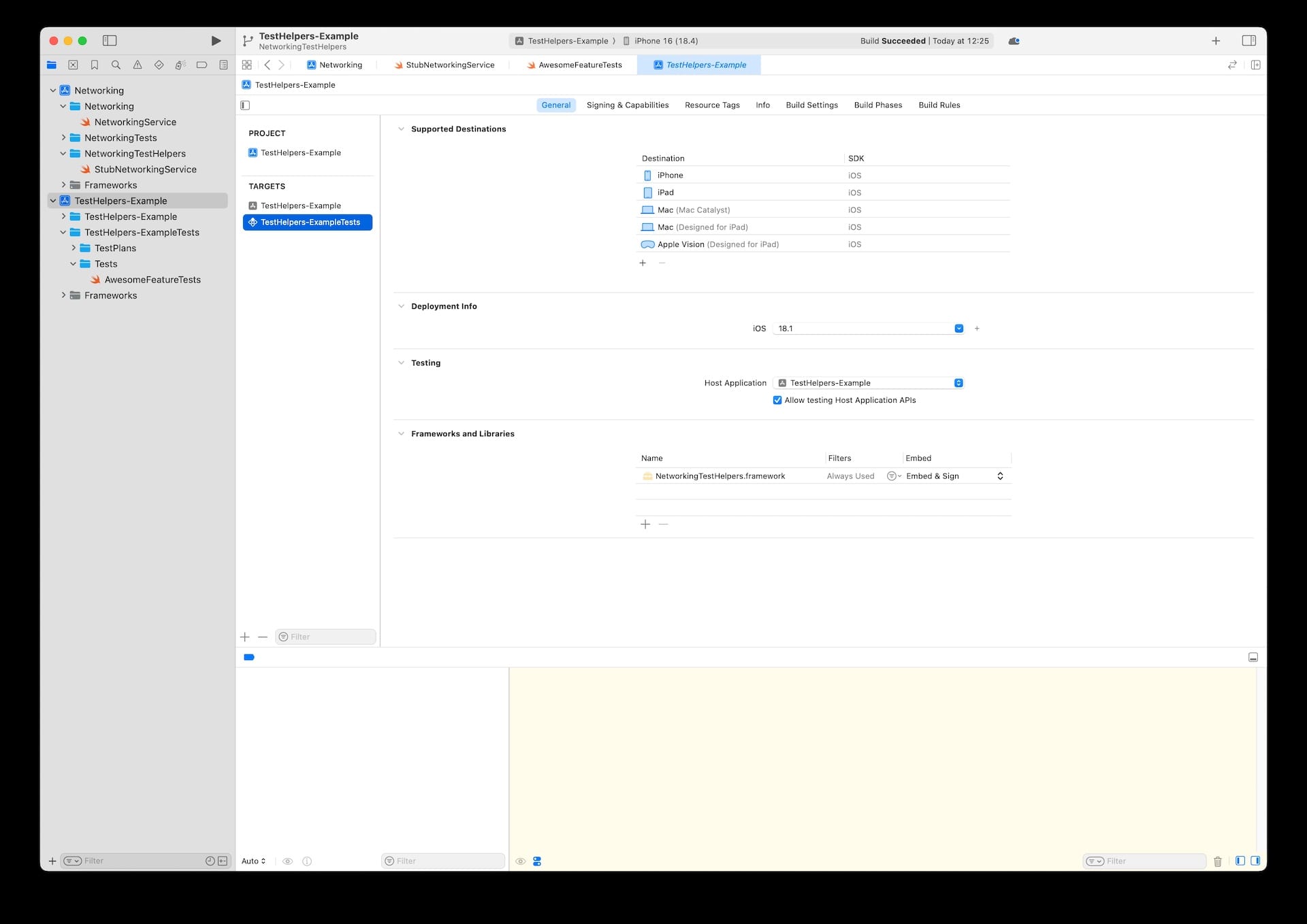 Screenshot of adding TestHelper target as dependency