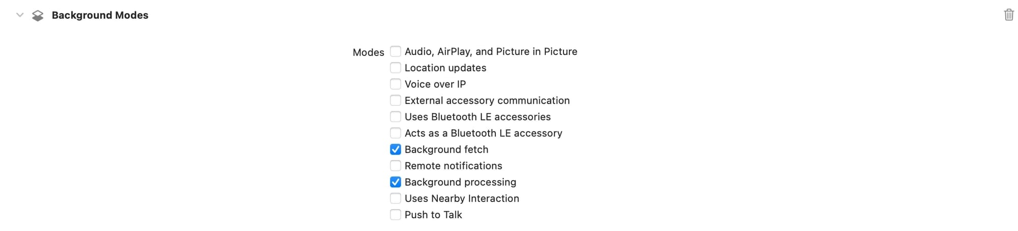 Screenshot of configuring background modes