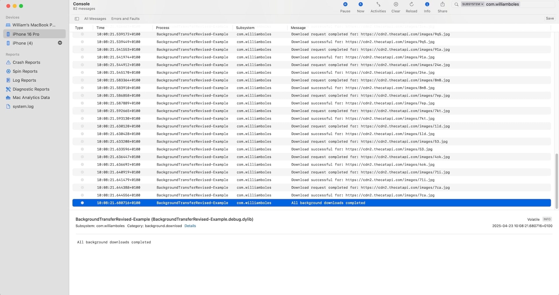 Screenshot of Console app showing filtered events