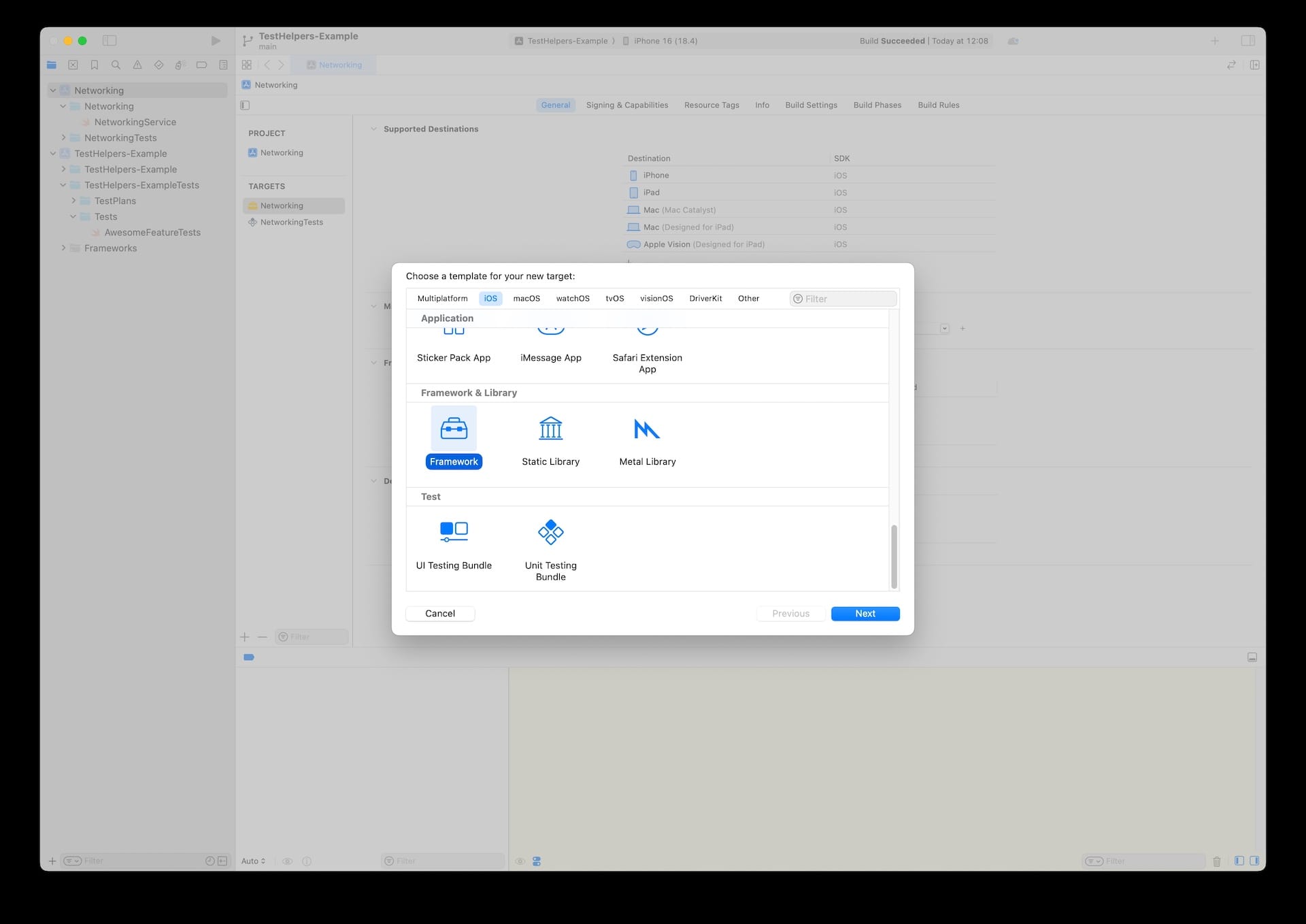 Screenshot of selecting framework template