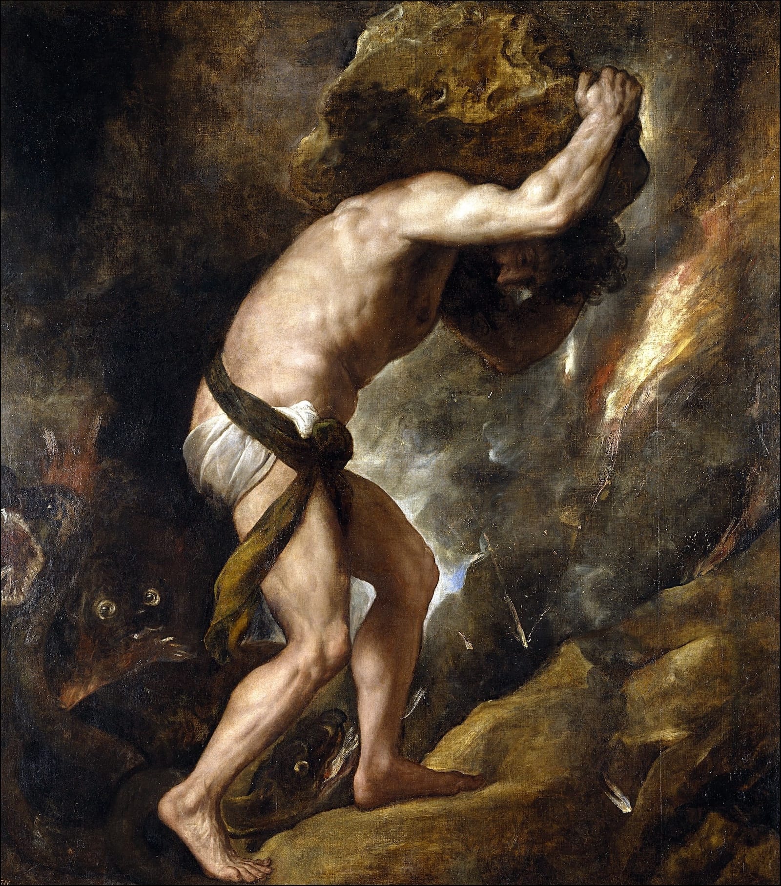 Painting of Sisyphus struggling to push a boulder uphill