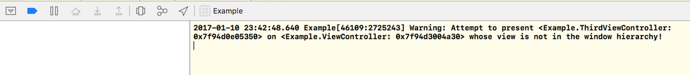 Screenshot showing modal transition error message where one navigation transition has been cancelled due to crashing with a different modal transition