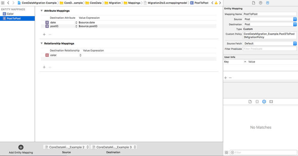 Screenshot showing mapping interface using a NSEntityMigrationPolicy subclass