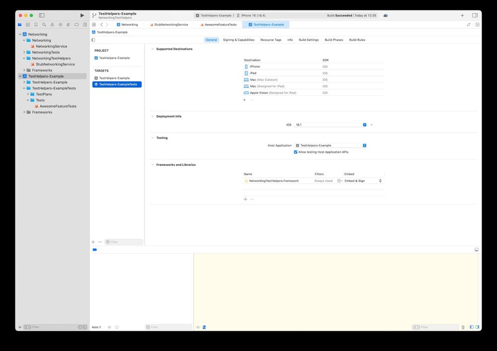 Screenshot of adding TestHelper target as dependency
