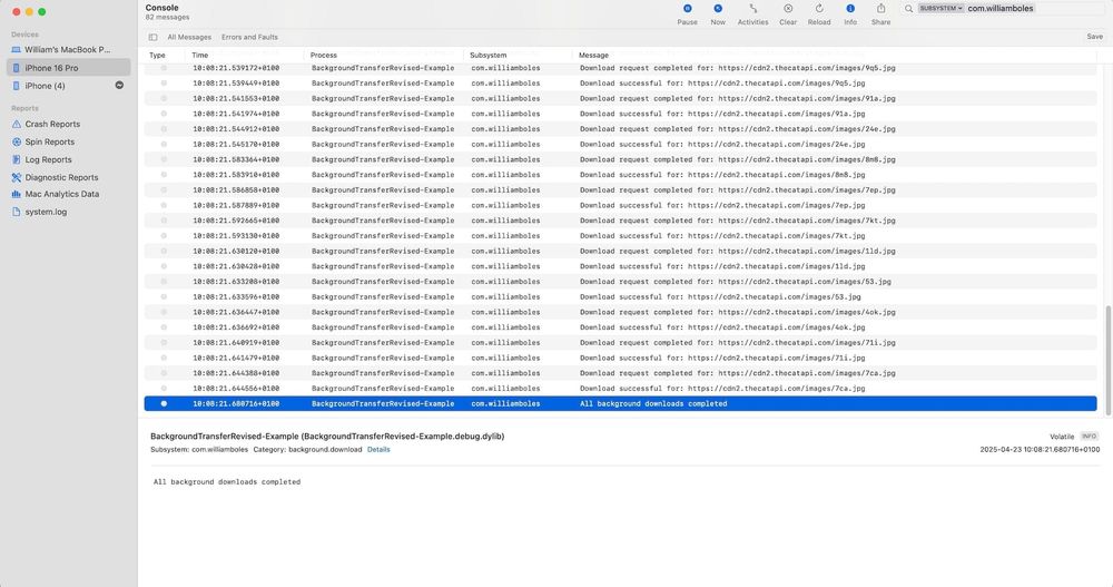 Screenshot of Console app showing filtered events