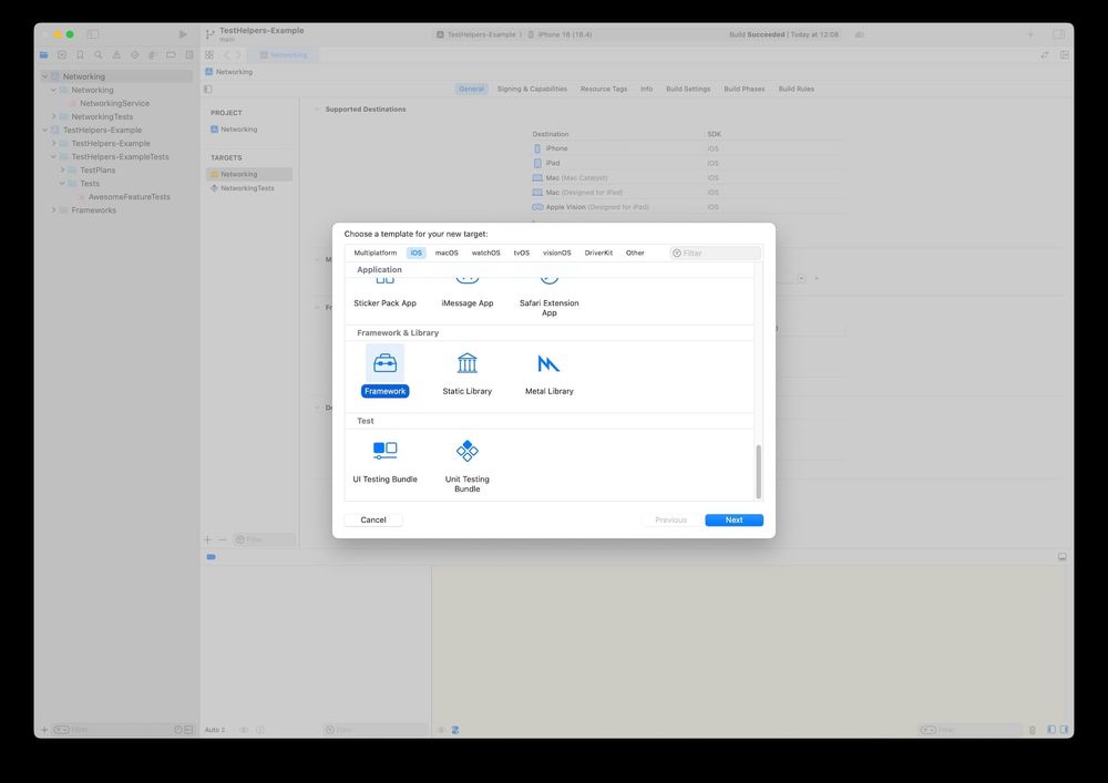 Screenshot of selecting framework template